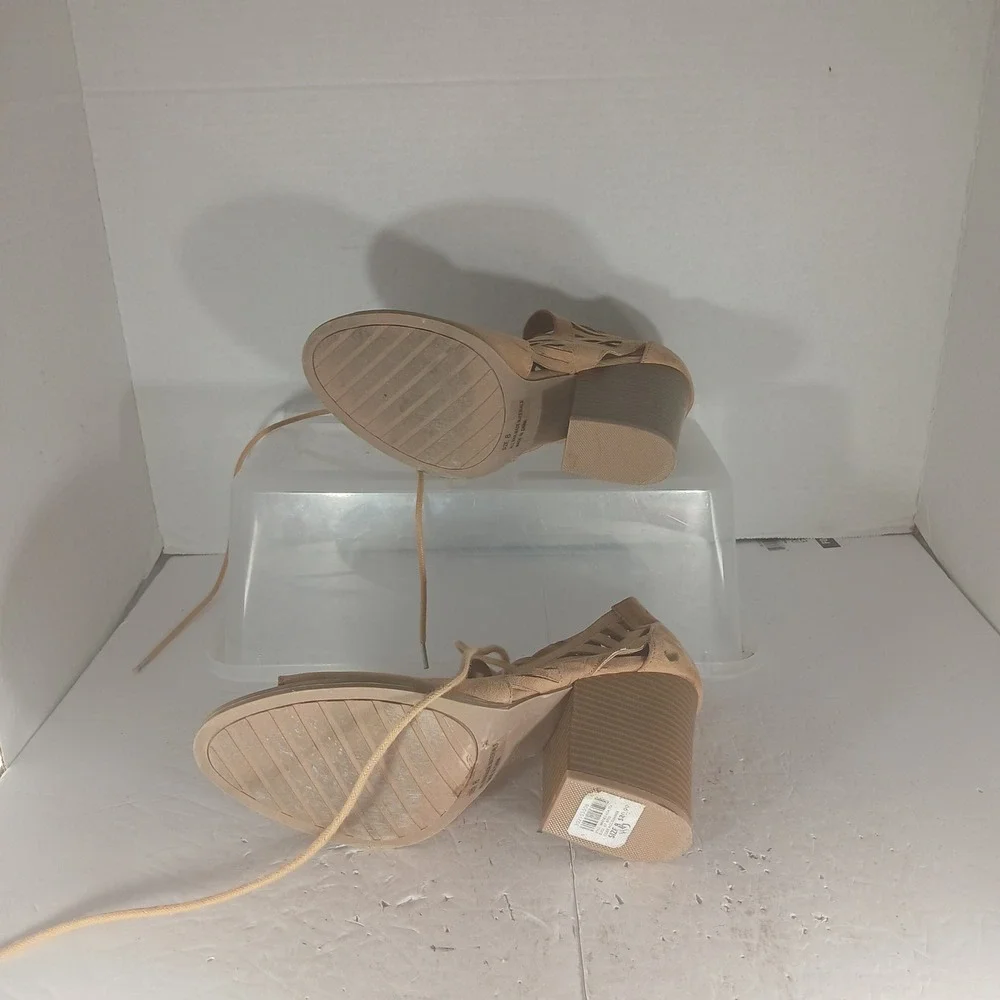 Charlotte Russe Block Heel Sandals 8 Tan Caged Lace Up Boho Faux Suede Open Toe